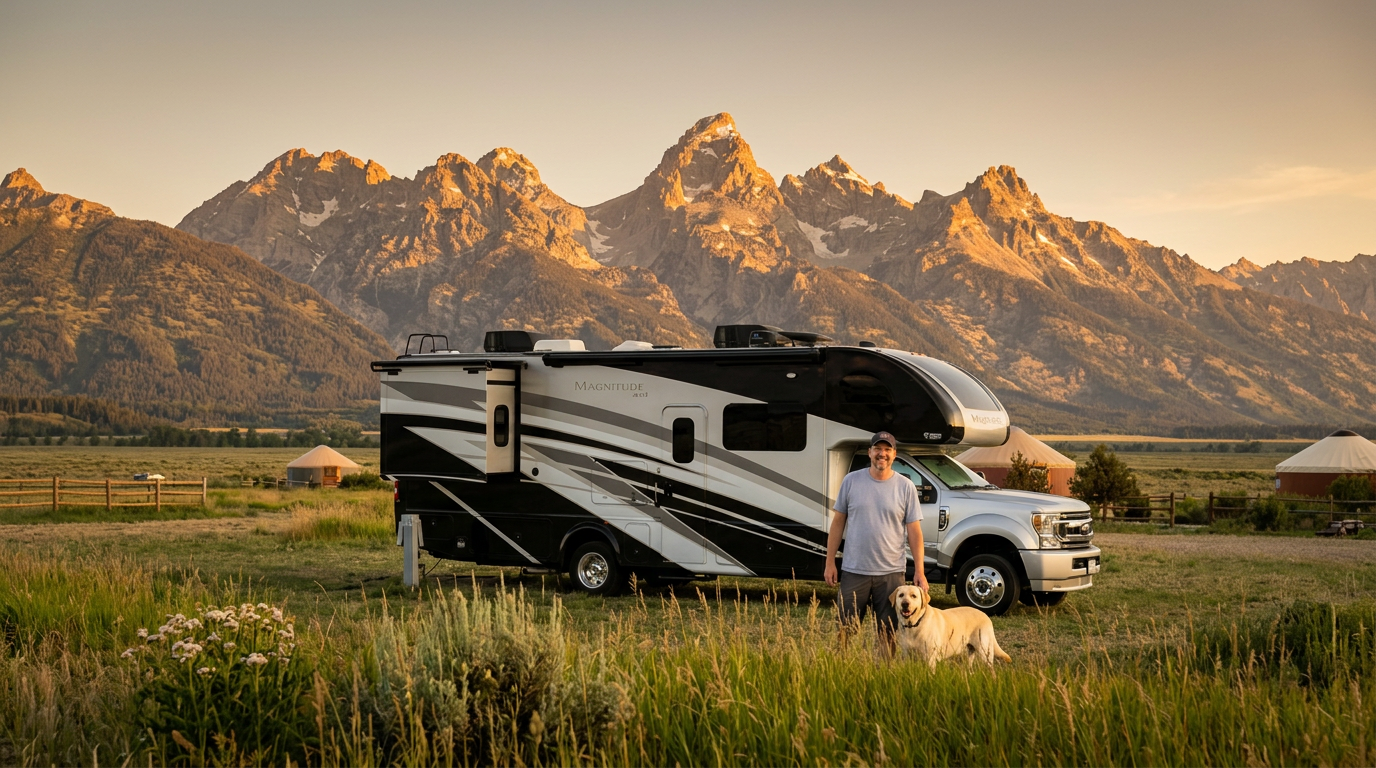 Thor Magnitude super-C RV parked in a mountain valley at golden hour with a man and a yellow lab beside it